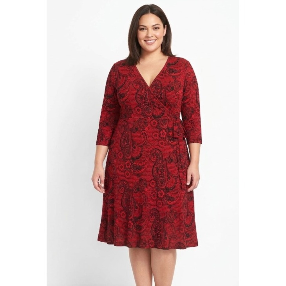 Glamour Red Black Paisley Print Belted Soft Stretch Surplice Dress size 22W